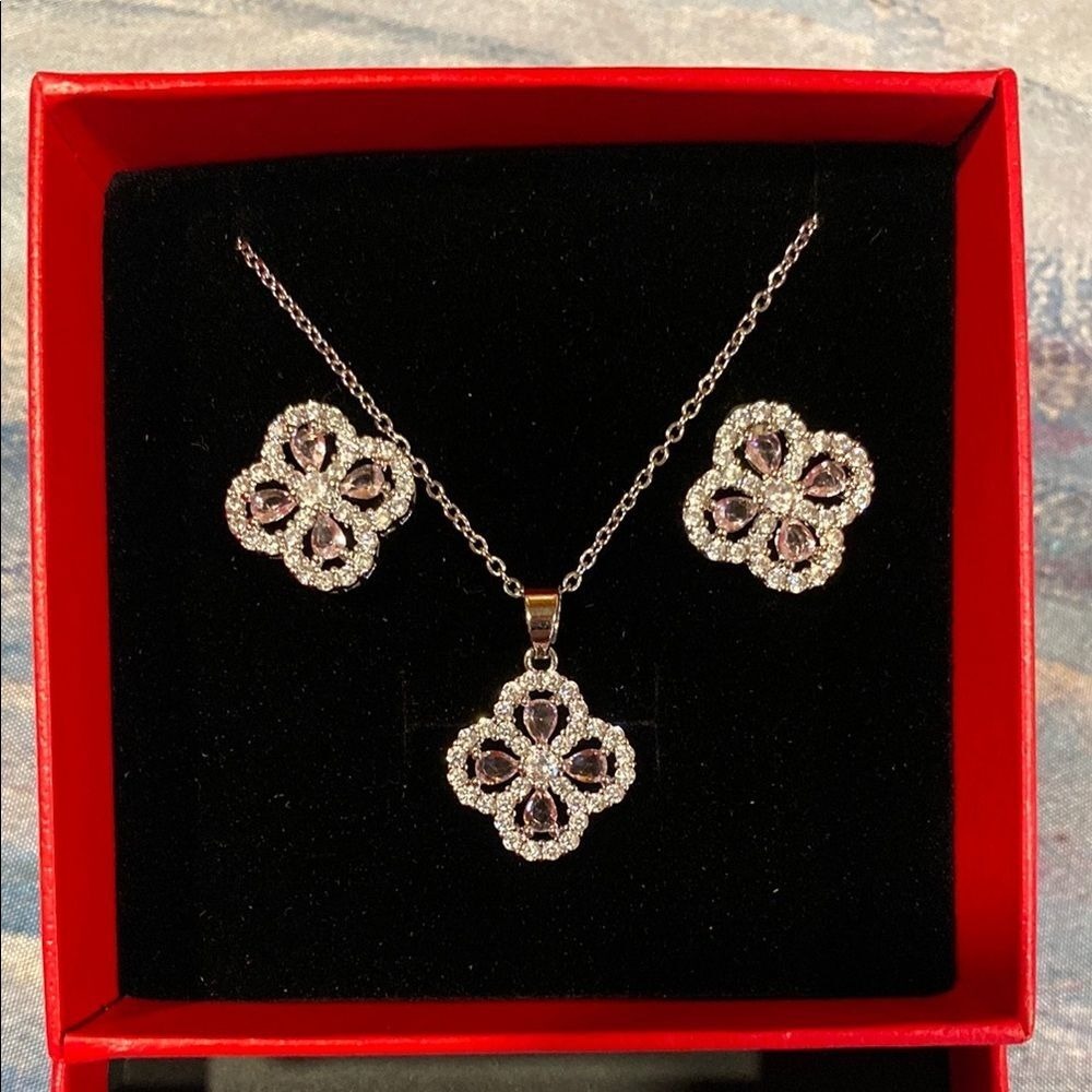 Four Leaf Clover Silver and Pink Necklace‎ and Earring Set by "Simply LOVE"